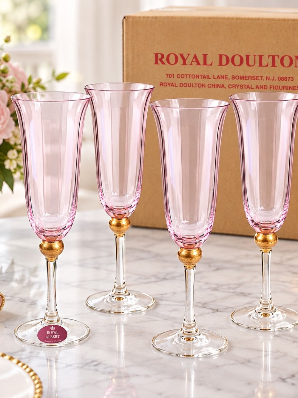 Royal Albert Pink and Gold Champagne Flutes Glasses - Set of 4